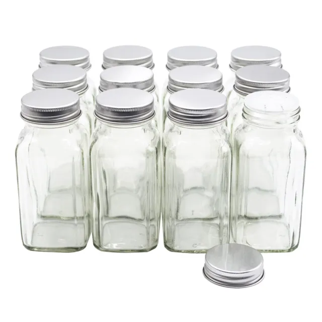 12 pieces of French Square Glass Spice Bottles 6 oz Spice Jars with Silver Me...