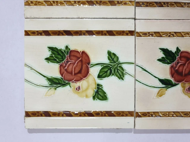 4 piece x VINTAGE MAJOLICA TILE Japan - RED & YELLOW ROSE (1550) 2