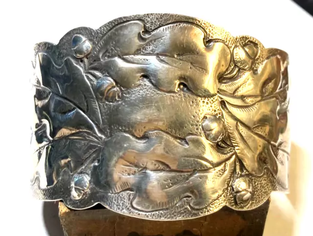 Vintage Sterling Silver Cuff Bracelet -Acorn Motif/ Hand Chased