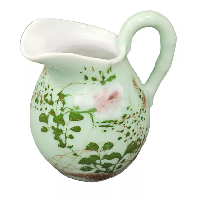 Green Porcelain Hand Painted Floral Creamer 4.5" Pitcher Vintage