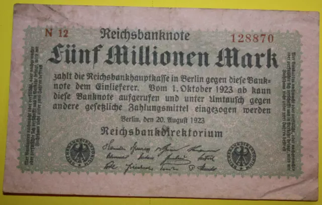 Reichsbanknote, Deutsches Reich Fünf Millionen Mark vom 20 Aug. 1923 Sehr (5562)