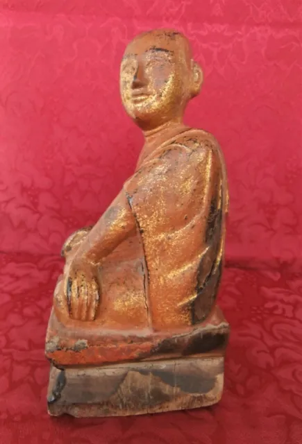 Buddha Disciple Sariputra 19th C. Carved Gilt Wood Statue Burmese Buddhist Art 10