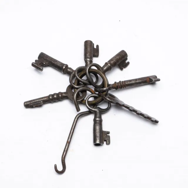 Lot of 8 Antique Iron Keys Barrel Padlock Hook Brass Ring