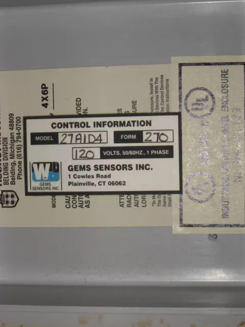 Gems Sensors Inc. Liquid Level Control 27A1D4 27A In Warrick Controls Enclosure 3