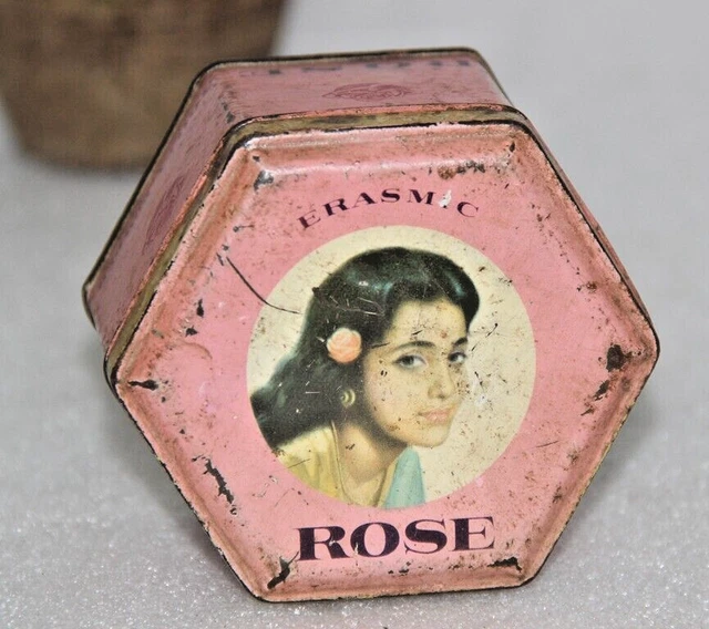 Vintage ROSE Powder Beautiful Lady Litho Print Caja de lata de...