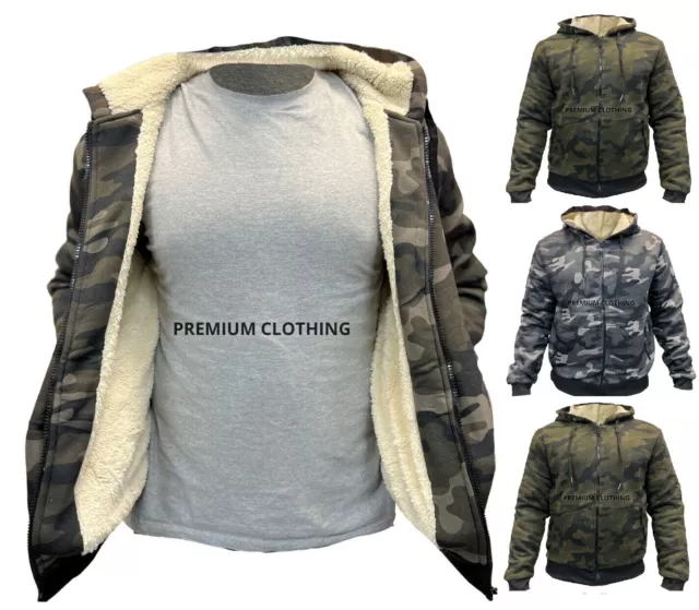 Mens Camouflage Sherpa Fleece LINED Thermal Hooded Fur Jackets Thick EXTRA Warm