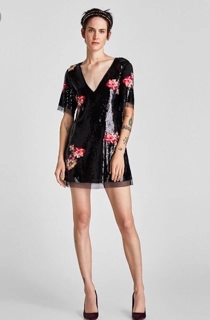 ZARA BLACK EMBROIDERED Floral Sequin V Neck Mini Dress- L £19.00