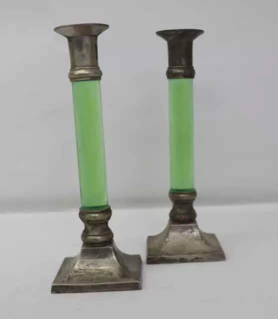 2 Vintage MCM Brass & Green Lucite Candle Candlestick Holders 9"T, SEE PHOTOS