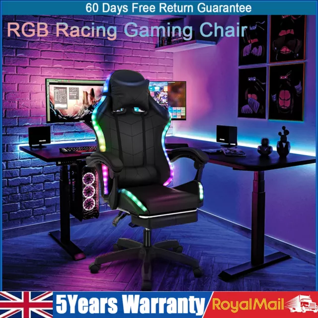 LED Gaming Leather Computer Chair Swivel Office Chair Recliner Desk Chair UK