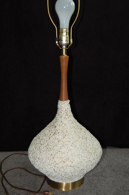 Vtg Mcm Textured Ceramic Teak Table Lamp Danish Genie Atomic Tear Drop Xlnt Cond