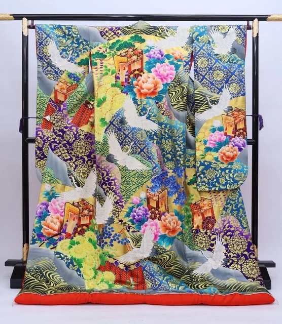 Japanese Kimono Uchikake Luxurious Wedding Pure Silk Blue Crane Flower K621