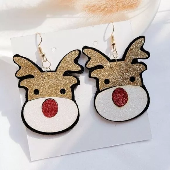 Gold Reindeer Christmas Glitter Large Dangle Earrings Xmas Holidays Winter