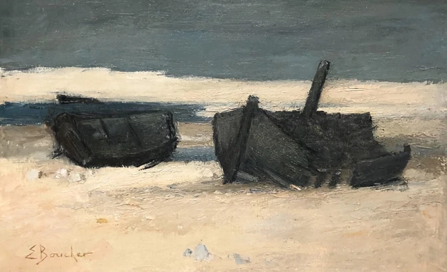 Bateaux à Marée Basse, Tableau Signé E. Boucher, Ecole Contemporaine, Peinture