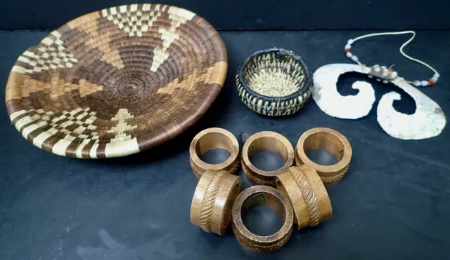 2 African Hand-Woven Grass Baskets Tribal Folk Art Shell & Beads & Napkin Rings