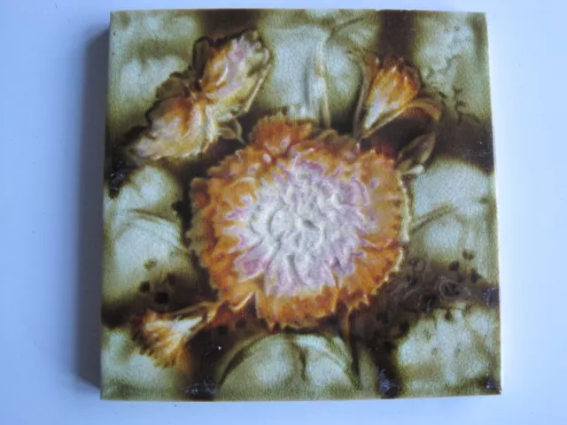 Antique Art Nouveau Moulded & Majolica Glazed Floral Tile - T & R Boote?  C1905