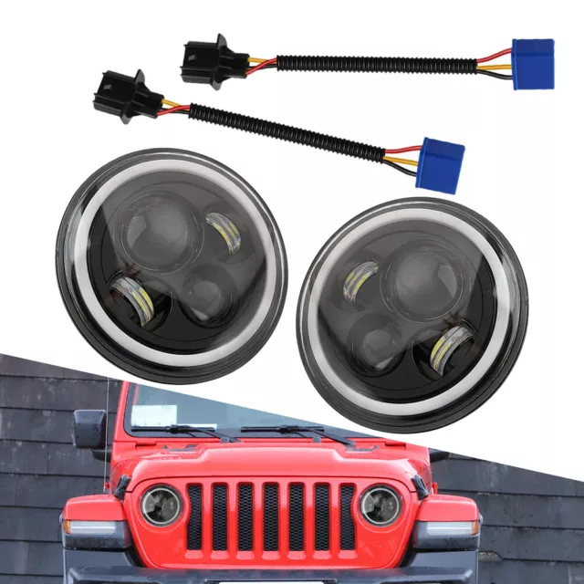 1Pair 7inch Round LED Halo Angle Eyes Headlight Fit for Jeep Wrangler JK TJ CJ