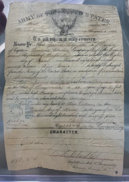 1875 US Army Discharge Papers for James Chandler a Private