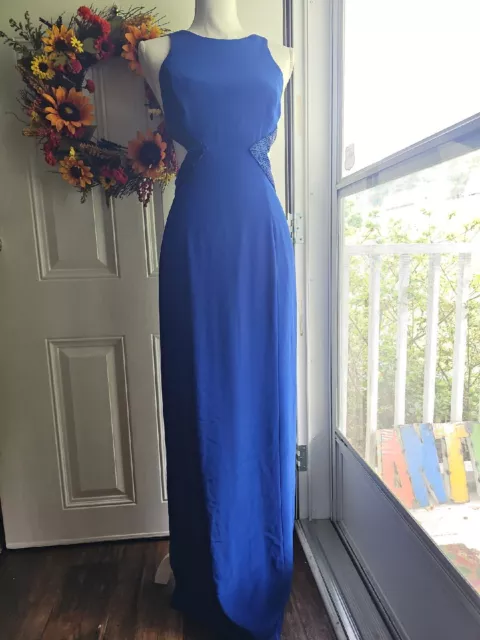Cache Formal Dress Royal Blue Beaded Cross Back Cut Out Sides Size 6
