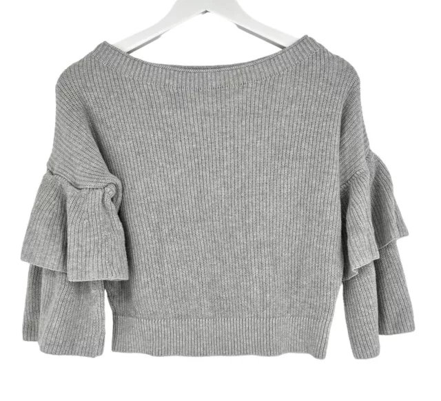 Express Crop Sweater Top Size Small Gray Ruffle Bell 3/4 Sleeve Boat Neck