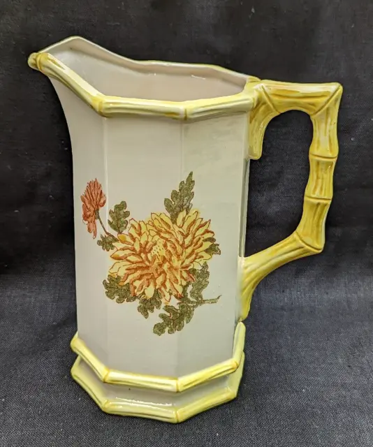 Vtg Inarco Japan Ceramic Floral Vase Pitcher Octagon Yellow Bamboo Style Handle