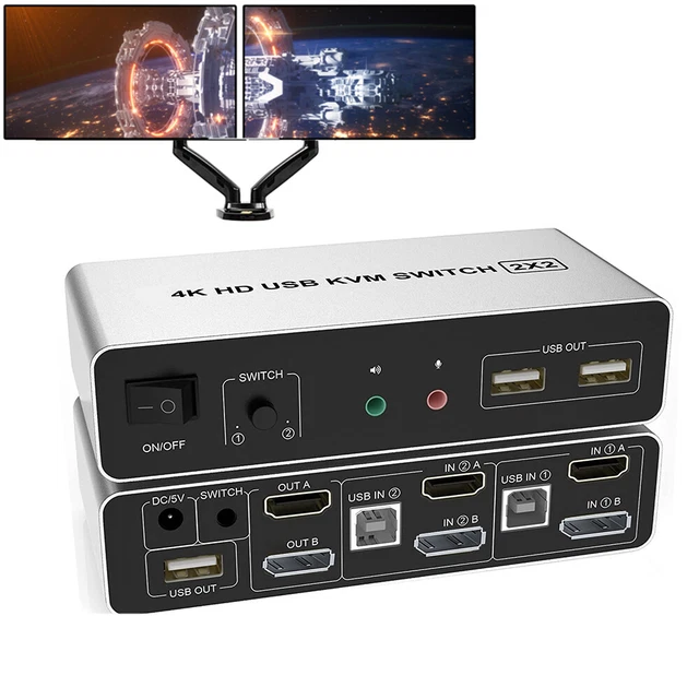 DUAL MONITOR USB HDMI Displayport DP KVM Switch 2X2 4K 60Hz Extended