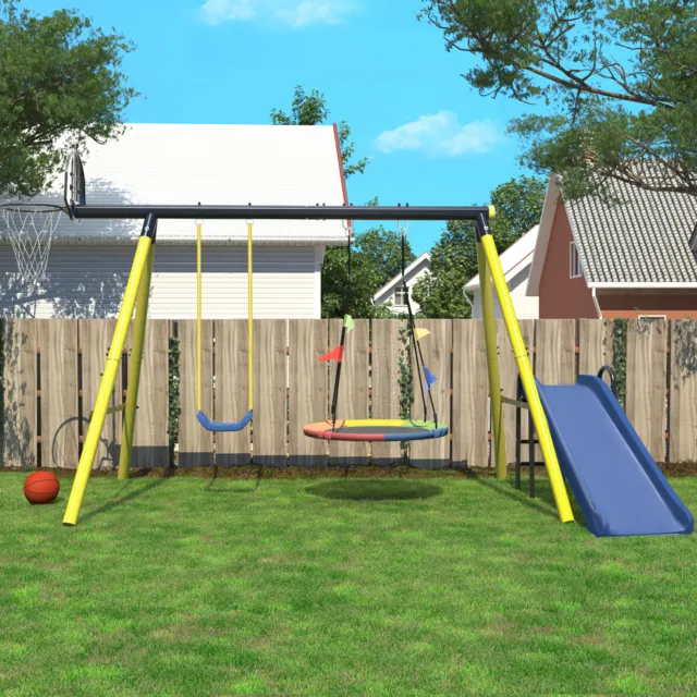 Metal Garden Swing Seesaw Slide Set Outdoor Backyard Play Set for Kids Children