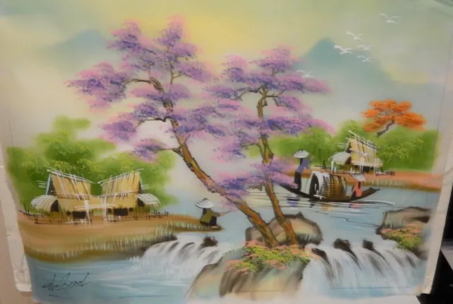 Chinese Original Watercolor On Silk Village River Painting Signed #3