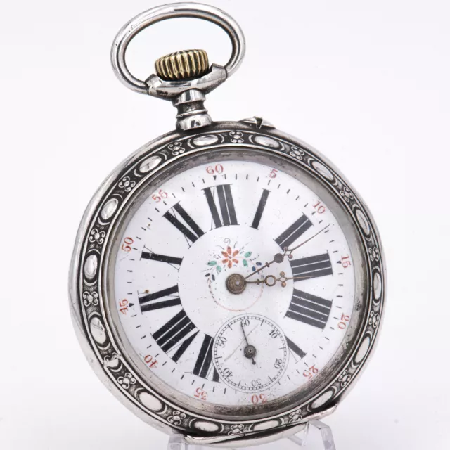 51,3 mm ø - Teildefekte Antike Taschenuhr Emaille Zifferblatt Bemalt - um 1880