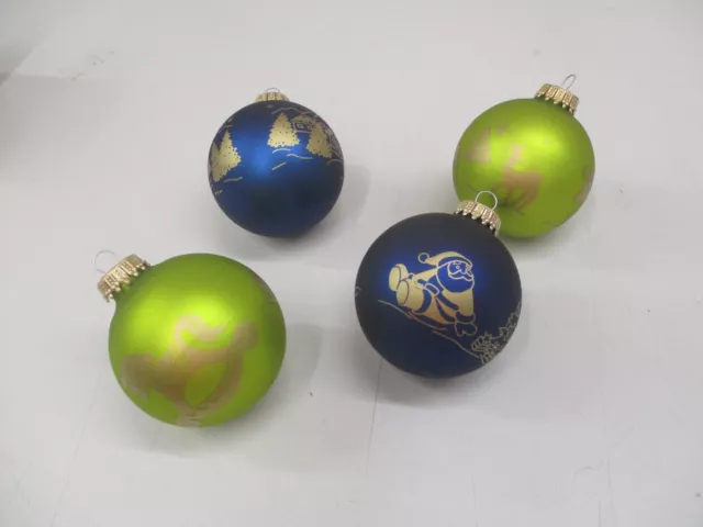 4er Set Weihnachtskugeln Blau u. Limettengrün mit Goldmotiv