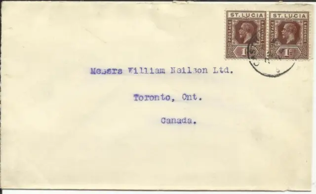 St Lucia Sg #93 (x2) Castries 29 / Ja / 24TB Canada, Opened Three Sides