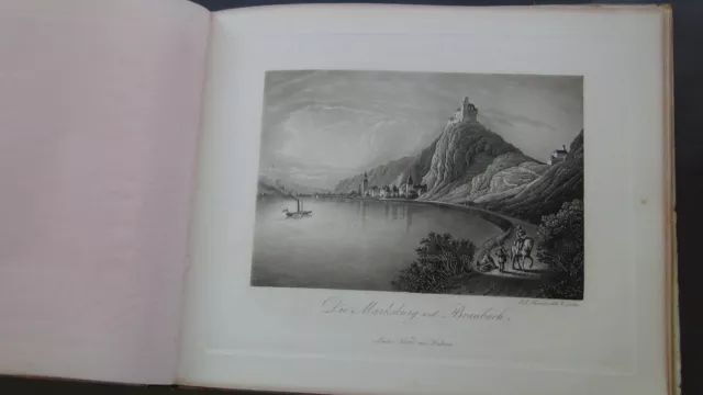 ORIGINAL AQUATINTA v. J.J.TANNER 1840 Andenken an den RHEIN   MARKSBURG BRAUBACH