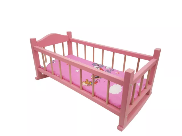 Wooden toy rocking bed cot crib, pink dolls toy cradle 20" ,with mattress