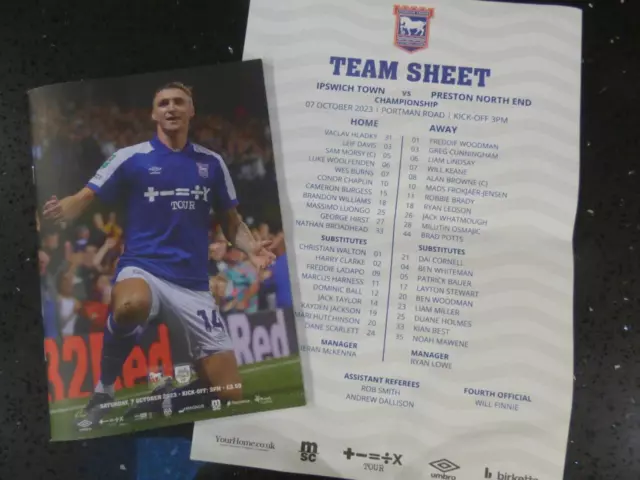 Ipswich Town v Preston North End 07/10/23 Football Programme & Teamsheet