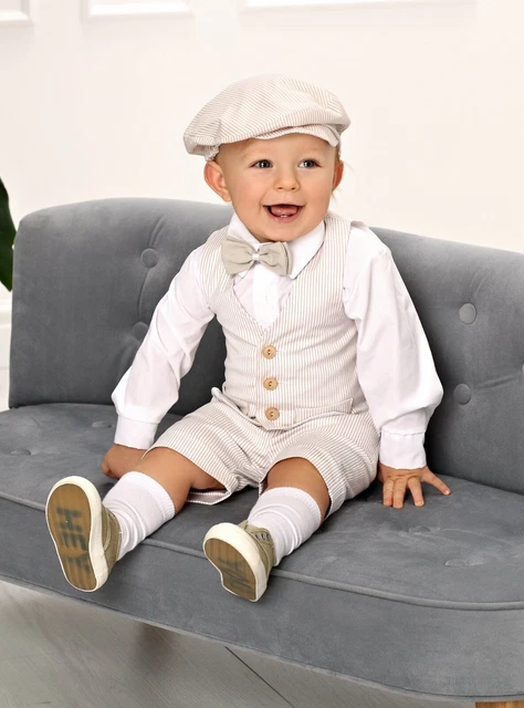2134 ABITO DA battesimo 5pz maschietto beige vestito con pantaloncini bambino. EUR 59 95 PicClick IT