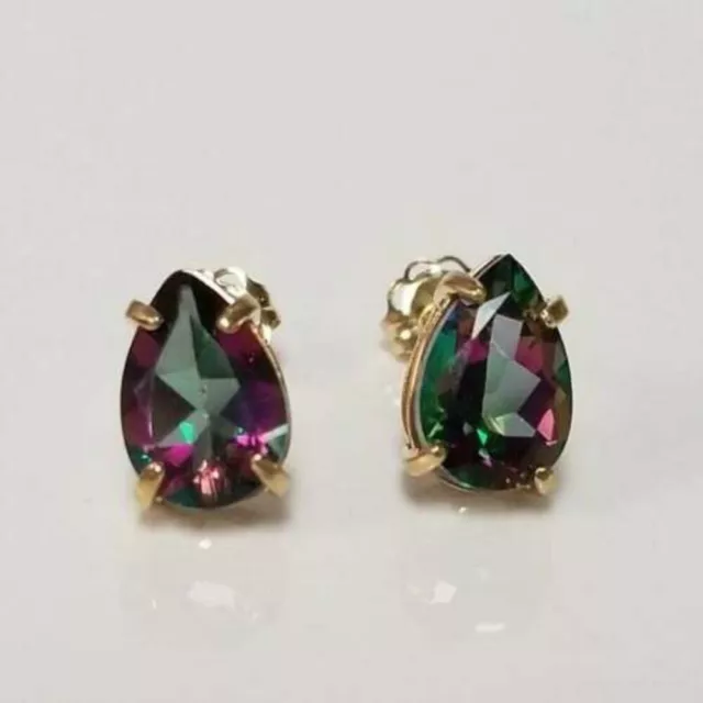 1CT Pear Cut Green Mystic Topaz Solitaire Stud Earrings in 14K Yellow Gold Over