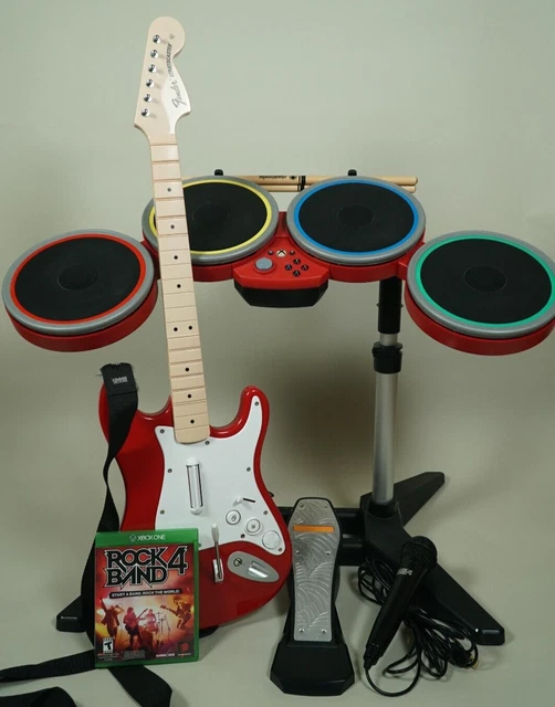 ROCK BAND 4 Xbox One Red Bundle Fender Stratocaster Guitar Drums Mic