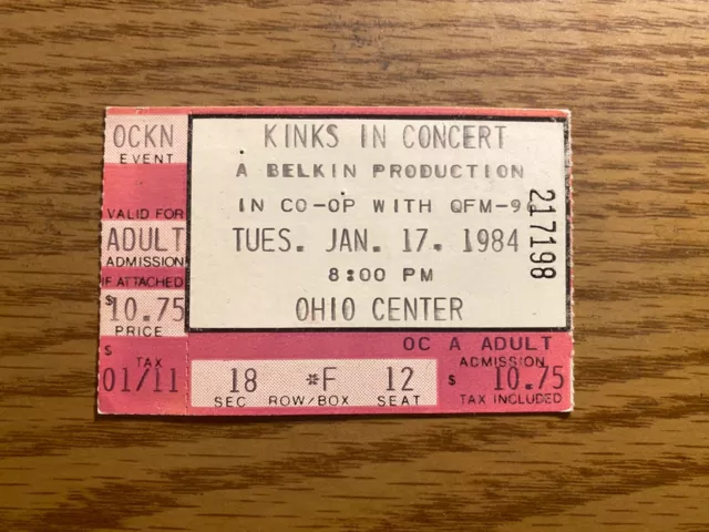 THE KINKS concert ticket stub 1/17/84 - opening act The Romantics