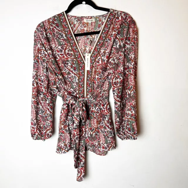 Max Studio Womens Floral Blouse Size L Belted Front V Neck Long Sleeve Artsy NWT