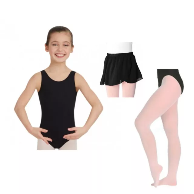 Capezio 142C Girl's Intermediate (6x-7) Black Tank Leotard Skirt and Pink Tights