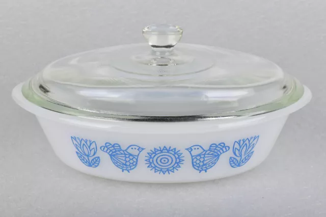 VTG Glasbake Milk Glass Small 1 qt Oval Casserole Dish w/ Clear Lid BLUE BIRDS