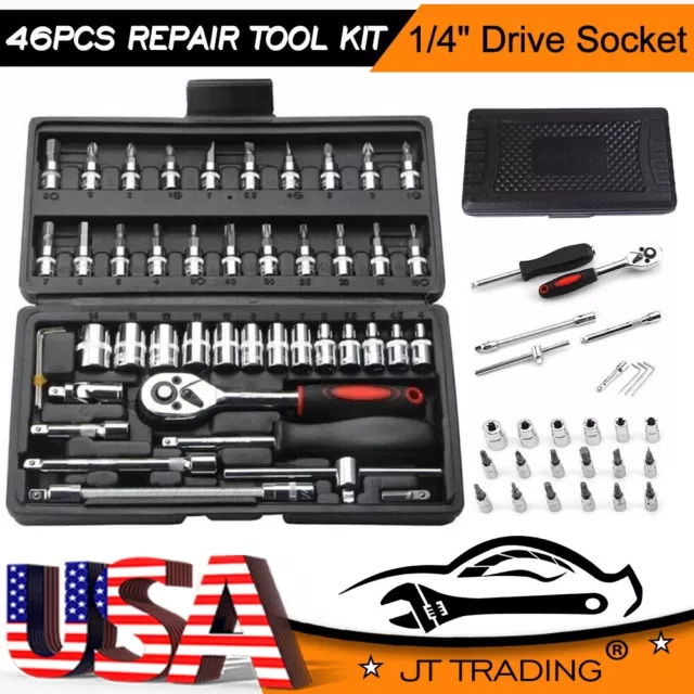 46 Piece 1/4" Drive Socket Wrench Ratchet Driver Set Screwdriver Tool with Case