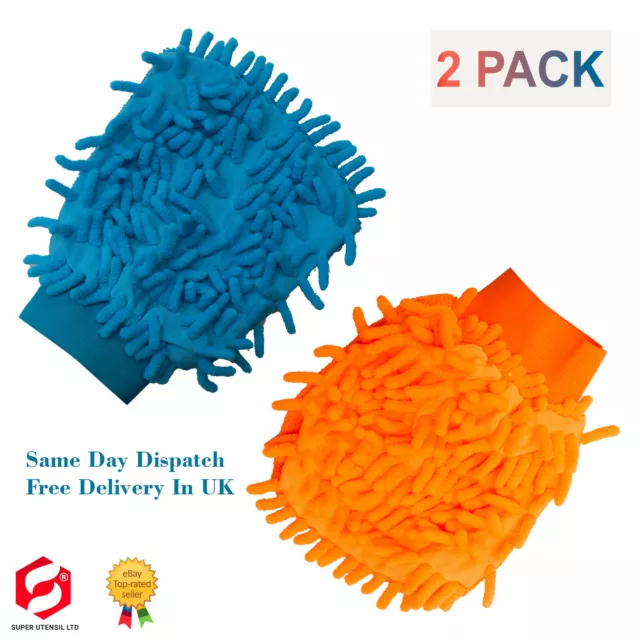 2 x Microfibre Car Wash Mitt Thick Ultra Soft Noodle Glove Scrub Cleaning Spong 3