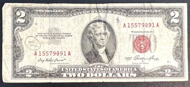 United States Note - Red Seal - 2 Dollars - 1953 -Off Center /Circulated