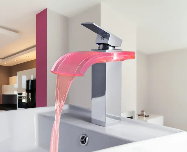 Chrome LED Light Waterfall Spout Bathroom Faucet Sink Mixer Taps Single Handle