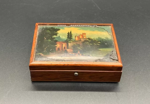 Biedermeier Caja Madera Pintado Tapa Pintura Al Óleo Paisaje Antiguo 19. Jh