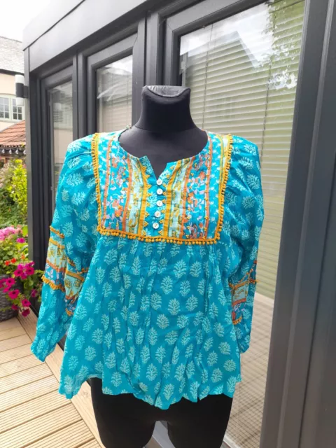 Orientique turquoise crinkle cotton kaftan tunic 10 Bust: 48"-BNWT Fira 52603