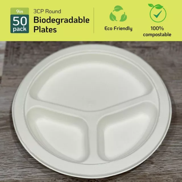 9'' Biodegradable Plates 3 compartment- 50 Pack - Eco-Friendly Disposable Plates