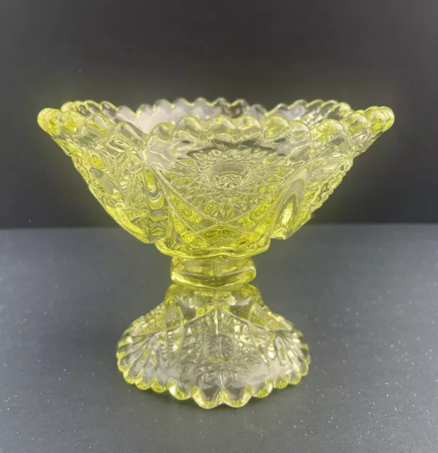 Imperial Glass Yellow Open Jam Jelly Footed Bowl Pinwheel Star  4.5" Vintage