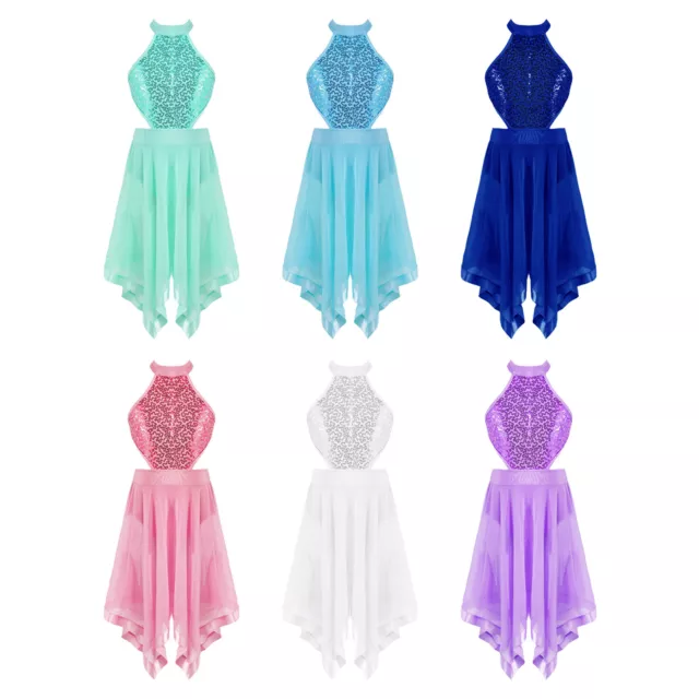 US Girls Sequins Dance Dress Ballet Leotard Tutu Cut Out Performance Costume