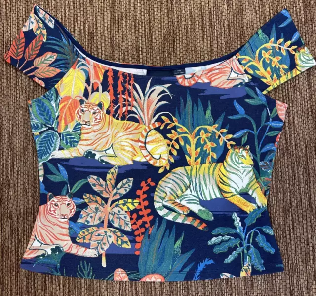 Anthropologie Maeve Cropped Top Large L Off The Shoulder Blue Tropical Tiger